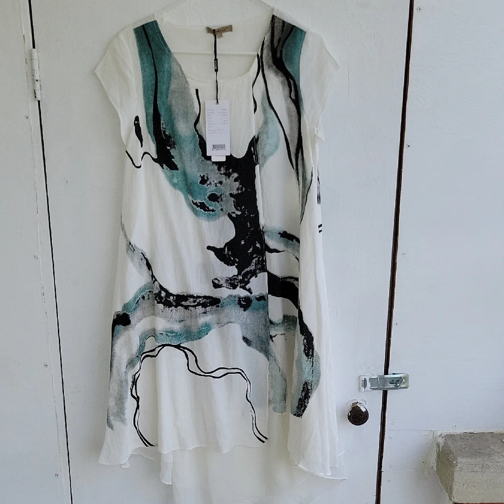 VEINFUNS Stylish White Dress Midi Linen And Cotton Short Sleeve Artsy Boho L - Picture 1 of 9